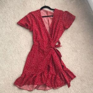 Red polka dot wrap dress